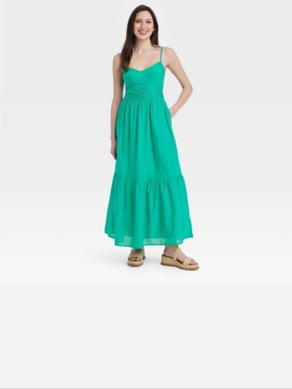 WOMEN'S SIZE L GREEN MAXI COTTON TIER SUNDRESS LINED DRESS-UNIVERSAL THREAD